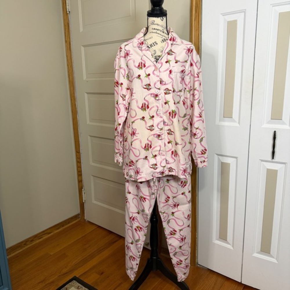 Victoria's Secret Medium Pink Ribbon Holiday Heart Pajama Set Cozy Valentine VTG